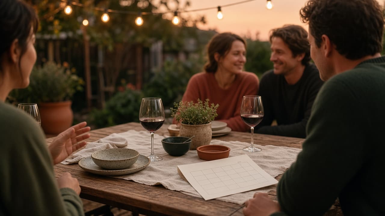 Friends at a warmly lit dinner table